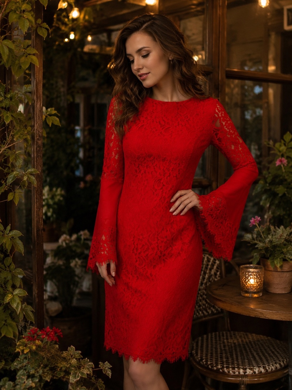 NUE BY SHANI Red Lace Bell Sleeve Sheath Dress Size 4 Cocktail Party Date Night